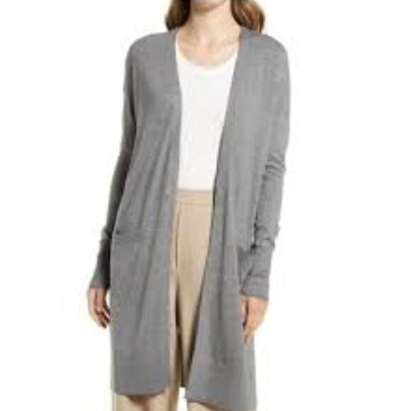 HALOGEN- grey cashmere blend lightweight open front longline cardigan w/pockets - Picture 9 of 14